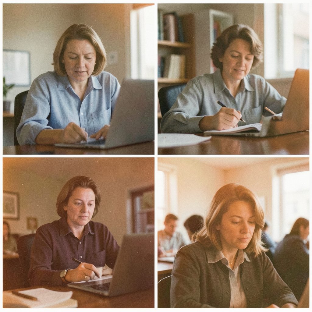Imagen editorial en tonos neutros con luz suave y grano analógico sutil, evocando un escritorio con cuadernos y una taza al fondo, ambiente cálido y cotidiano.
